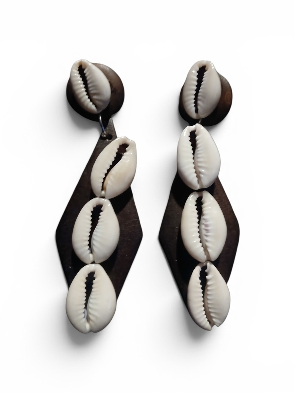 Cowrie Shell Drop Earrings in White and Brown